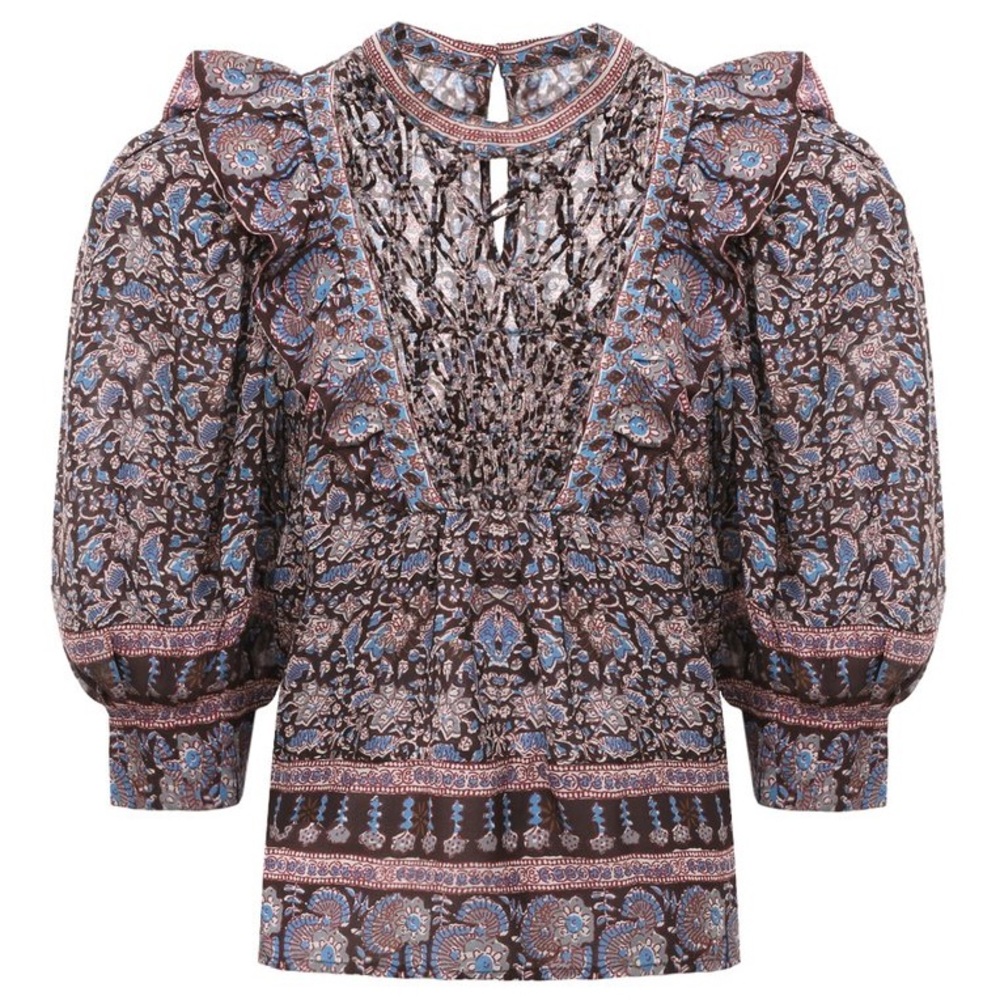 Sea New York Amaki Printed Smocked Puff Sleeve Top Medium Boho Ruffle - Picture 2 of 14